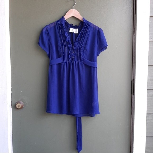 Duo Maternity Blue Sheer Blouse Tunic Top Tie Waist Belt Size Medium - Picture 3 of 8